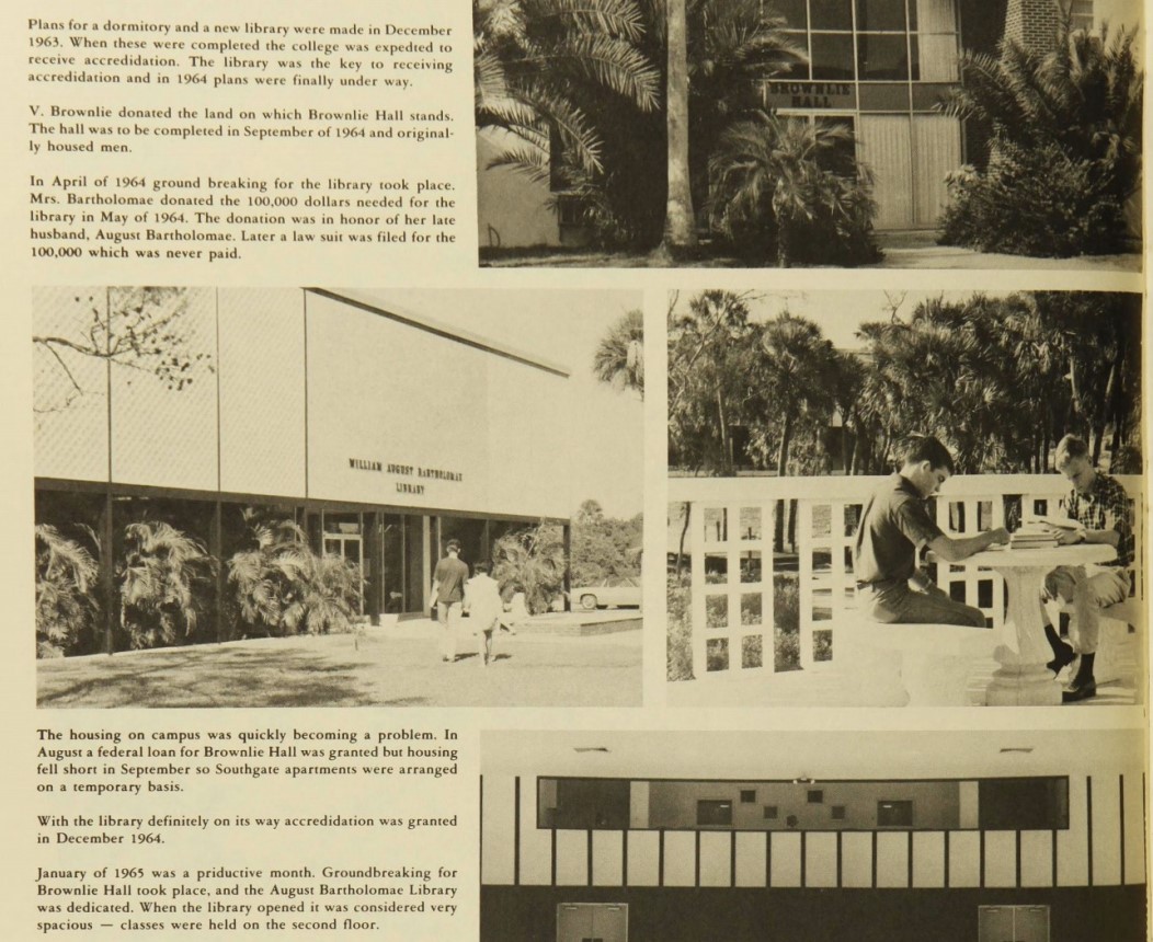 Historical yearbook clipping of photos including a picture of the William August Bartholomae Library, which is now the Keuper Building.