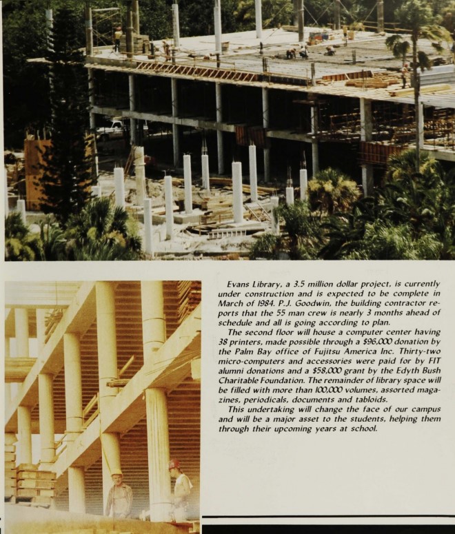 Images of the Evans Library under construction; a wall-less concrete structure surrounded by palm trees.